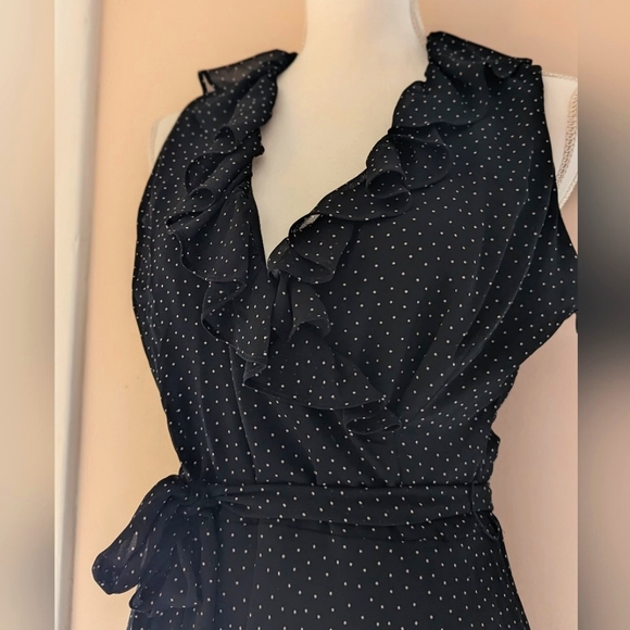 Chaps black polkadot dress wrap style ruffle collar tie sash belt NWT sz 6 - Picture 14 of 15